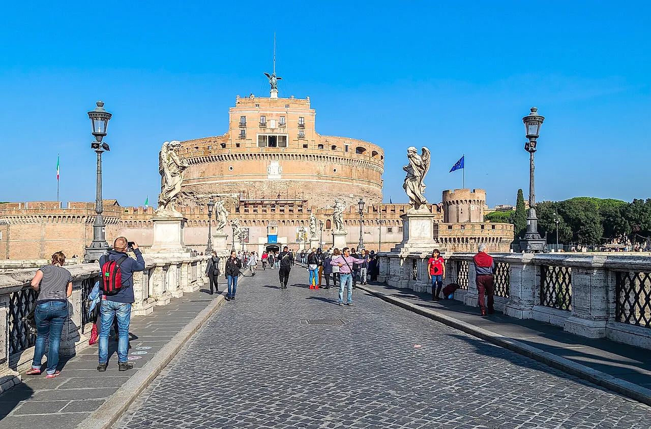 Castel Sant'Angelo, the round fortress built as Hadrian's mausoleum, beside the Tiber near the Vatican