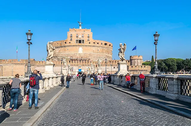 Castel Sant'Angelo, the round fortress built as Hadrian's mausoleum, beside the Tiber near the Vatican