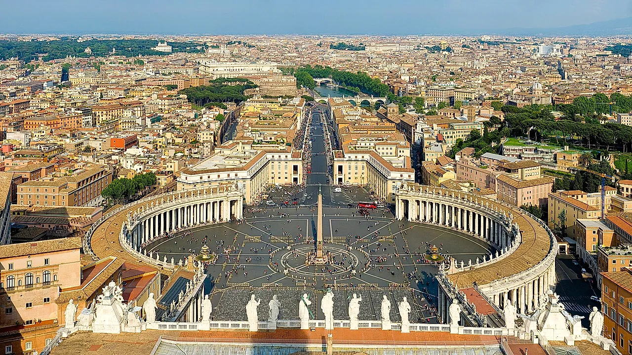 St Peter's Square seen from the top of the dome: the oval of the square, the obelisk at the centre and the two arms of the colonnade