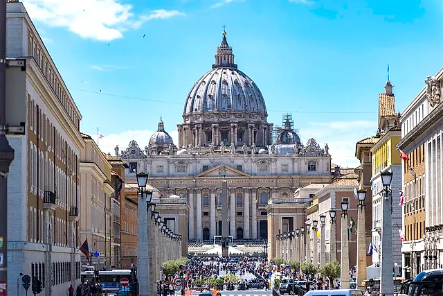 Via della Conciliazione, the wide avenue lined with lamps that leads straight to St Peter's Square and the Basilica dome